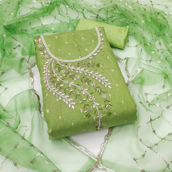 Manvaa women's light green handwork simmer banarasi dress material 1