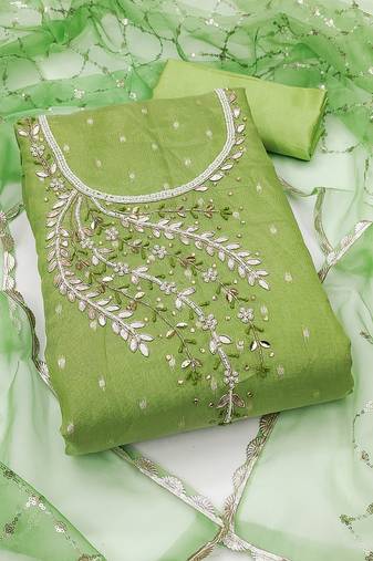 Manvaa women's light green unstitched handwork simmer banarasi dress material 