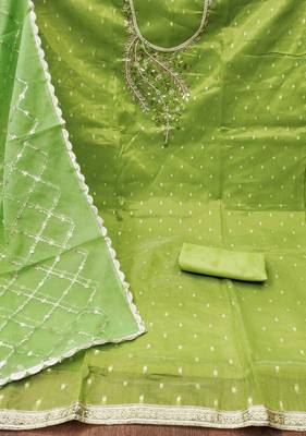 Manvaa women's light green handwork simmer banarasi dress material 2