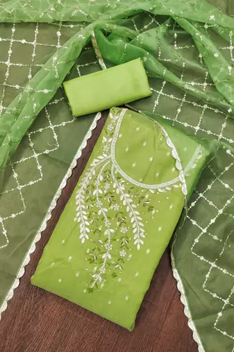 Manvaa women's light green handwork simmer banarasi dress material