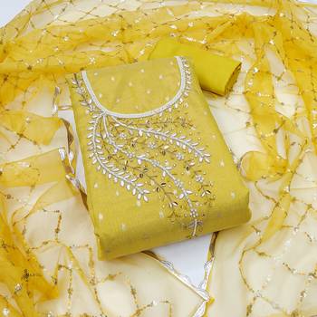 Manvaa women's yellow handwork simmer banarasi dress material 1