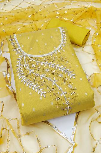 Manvaa women's yellow unstitched handwork simmer banarasi dress material 