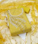 Manvaa women's yellow unstitched handwork simmer banarasi dress material