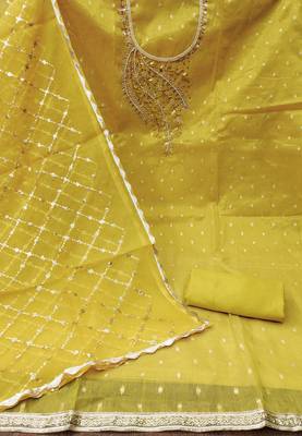 Manvaa women's yellow handwork simmer banarasi dress material 2