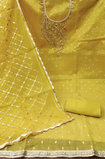 Manvaa women's yellow handwork simmer banarasi dress material