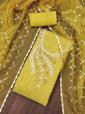 Manvaa women's yellow handwork simmer banarasi dress material 4
