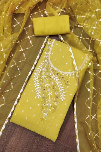 Manvaa women's yellow handwork simmer banarasi dress material