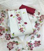 Manvaa women's white unstitched thread work roman silk dress material