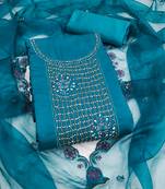 Manvaa women's blue unstitched heavy embroidery roman silk dress material