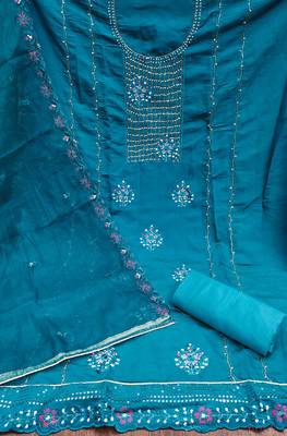 Manvaa women's blue heavy embroidery roman silk dress material 2