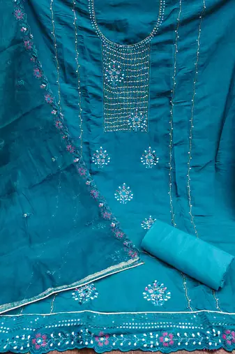 Manvaa women's blue heavy embroidery roman silk dress material