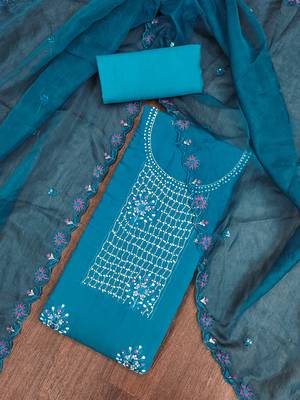 Manvaa women's blue heavy embroidery roman silk dress material 4