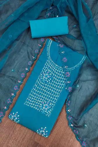 Manvaa women's blue heavy embroidery roman silk dress material