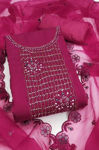Manvaa women's pink unstitched heavy embroidery roman silk dress material 
