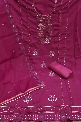 Manvaa women's pink heavy embroidery roman silk dress material