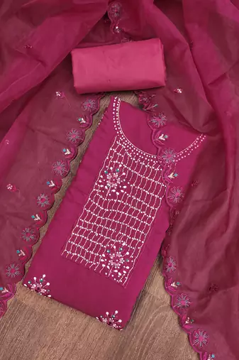 Manvaa women's pink heavy embroidery roman silk dress material