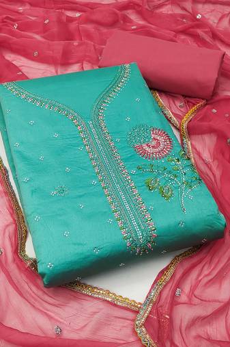 Manvaa women's sky blue unstitched heavy thread daimond embroidery cotton dress material 