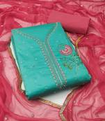 Manvaa women's sky blue unstitched heavy thread daimond embroidery cotton dress material 