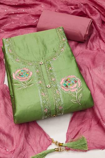 Manvaa women's light green unstitched thread embroidery cotton dress material 