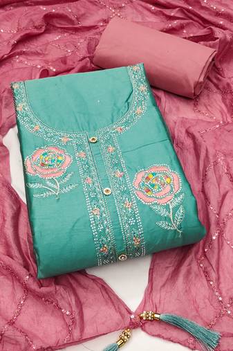 Manvaa women's sea green unstitched heavy thread daimond embroidery cotton dress material 