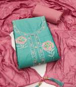 Manvaa women's sea green heavy thread daimond embroidery cotton dress material