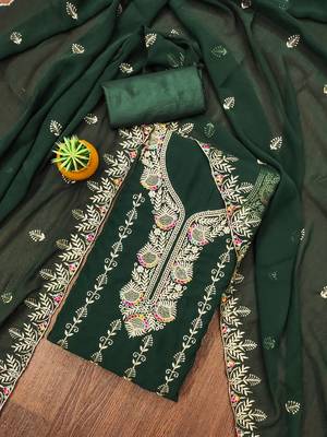 Manvaa women's green heavy zari embroidery georgette dress material 1