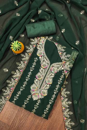 Manvaa women's green unstitched heavy zari embroidery georgette dress material 