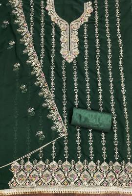 Manvaa women's green heavy zari embroidery georgette dress material 2