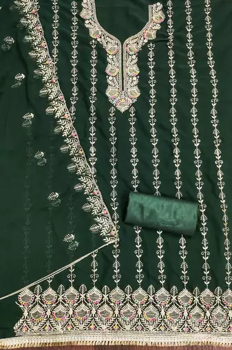 Manvaa women's green heavy zari embroidery georgette dress material