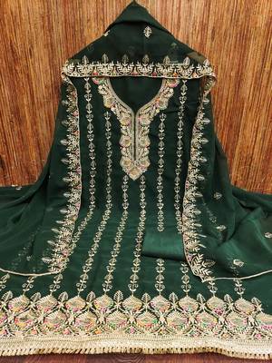 Manvaa women's green heavy zari embroidery georgette dress material 3