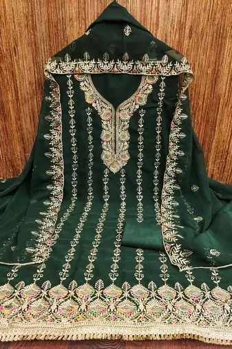 Manvaa women's green heavy zari embroidery georgette dress material