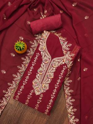 Manvaa women's maroon heavy zari embroidery georgette dress material 1