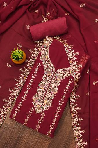 Manvaa women's maroon unstitched heavy zari embroidery georgette dress material 