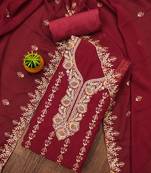 Manvaa women's maroon unstitched heavy zari embroidery georgette dress material 