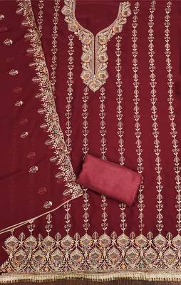 Manvaa women's maroon heavy zari embroidery georgette dress material 2
