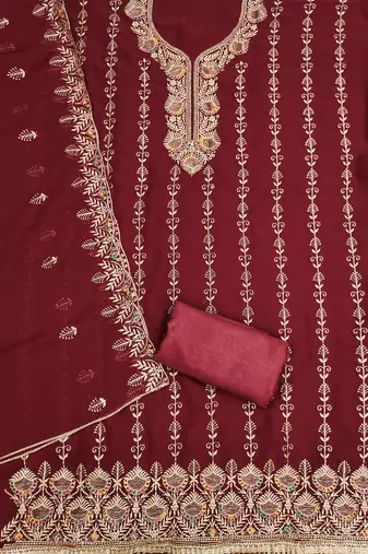 Manvaa women's maroon heavy zari embroidery georgette dress material