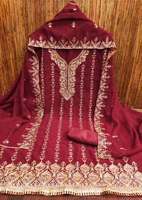 Manvaa women's maroon heavy zari embroidery georgette dress material 3