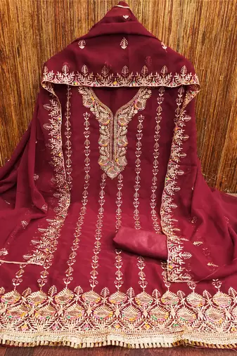 Manvaa women's maroon heavy zari embroidery georgette dress material