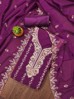 Manvaa women's purple heavy zari embroidery georgette dress material 1