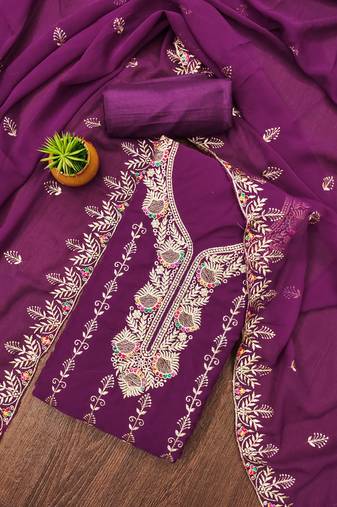Manvaa women's purple unstitched heavy zari embroidery georgette dress material 