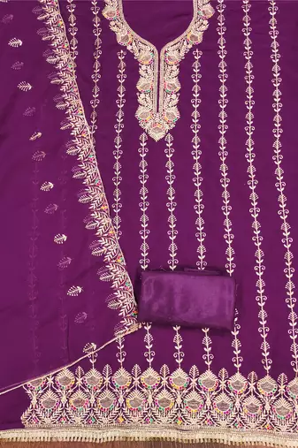 Manvaa women's purple heavy zari embroidery georgette dress material