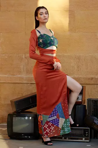 Burnt orange satin skirt set
