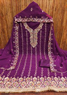 Manvaa women's purple heavy zari embroidery georgette dress material 3