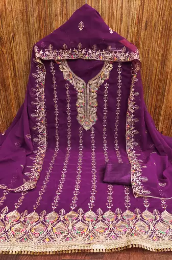 Manvaa women's purple heavy zari embroidery georgette dress material