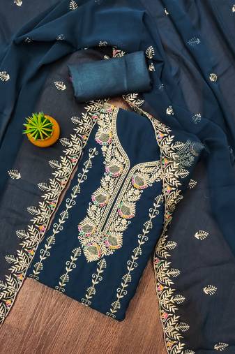 Manvaa women's teal blue unstitched heavy zari embroidery georgette dress material 