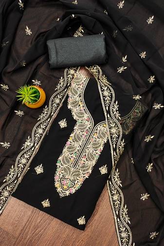 Manvaa women's black unstitched heavy thread embroidery georgette dress material 