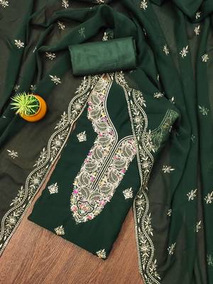 Manvaa women's green heavy thread embroidery georgette dress material 1
