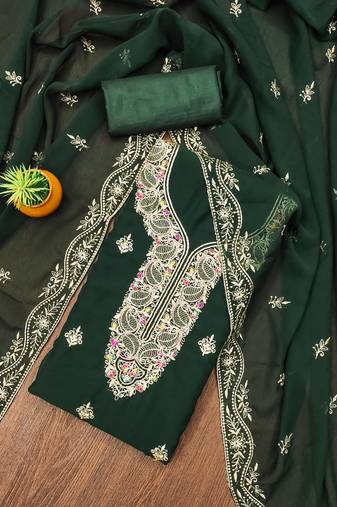 Manvaa women's green unstitched heavy thread embroidery georgette dress material 