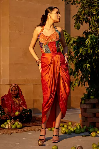 Burnt orange satin skirt set