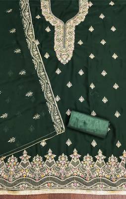 Manvaa women's green heavy thread embroidery georgette dress material 2